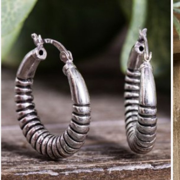Unknown Jewelry - NWT Sterling Silver Oxidized Antique Hoop Earrings